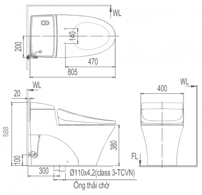 Bản vẽ bệt inax 1008 nắp điện tử CW-KA22